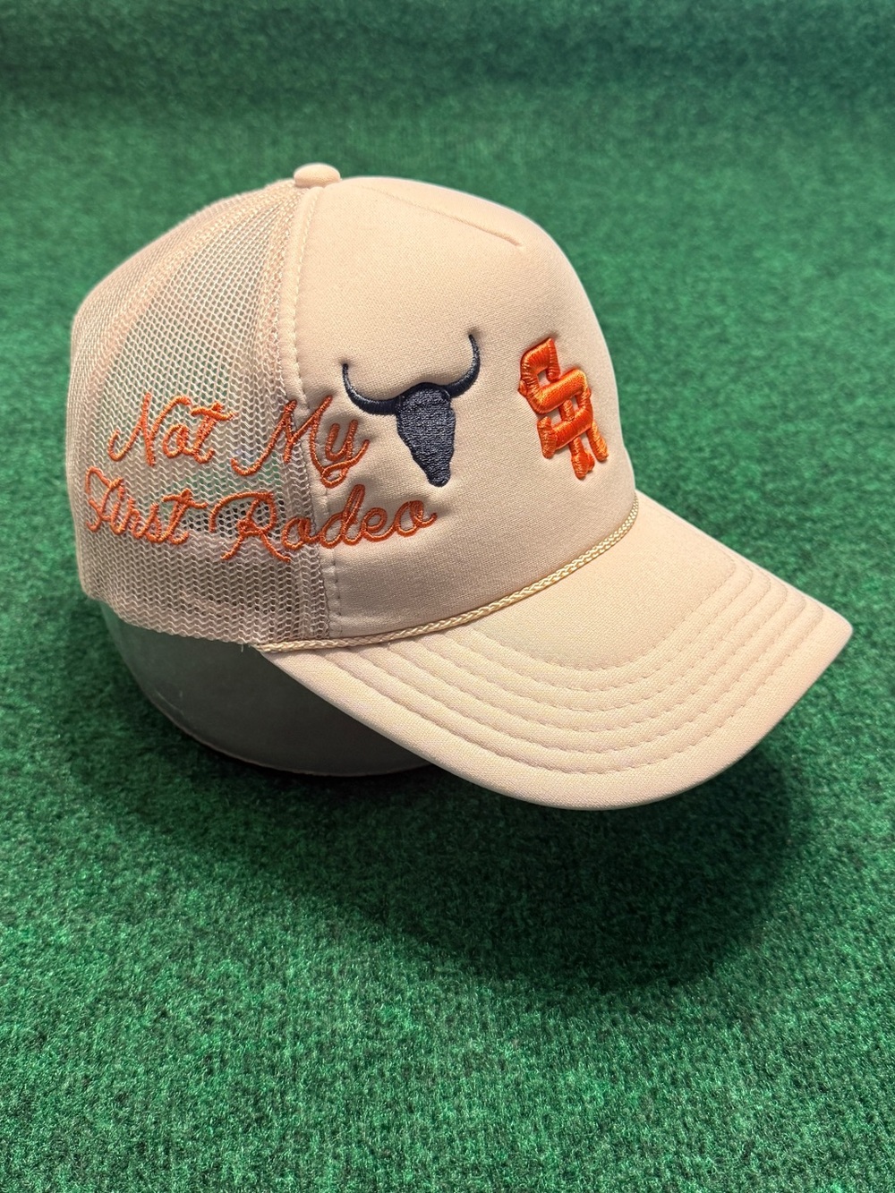 Rare Stevenson Ranch Embroidered SnapBack Trucker Hat (Cream/ Orange/ Dark Grey)